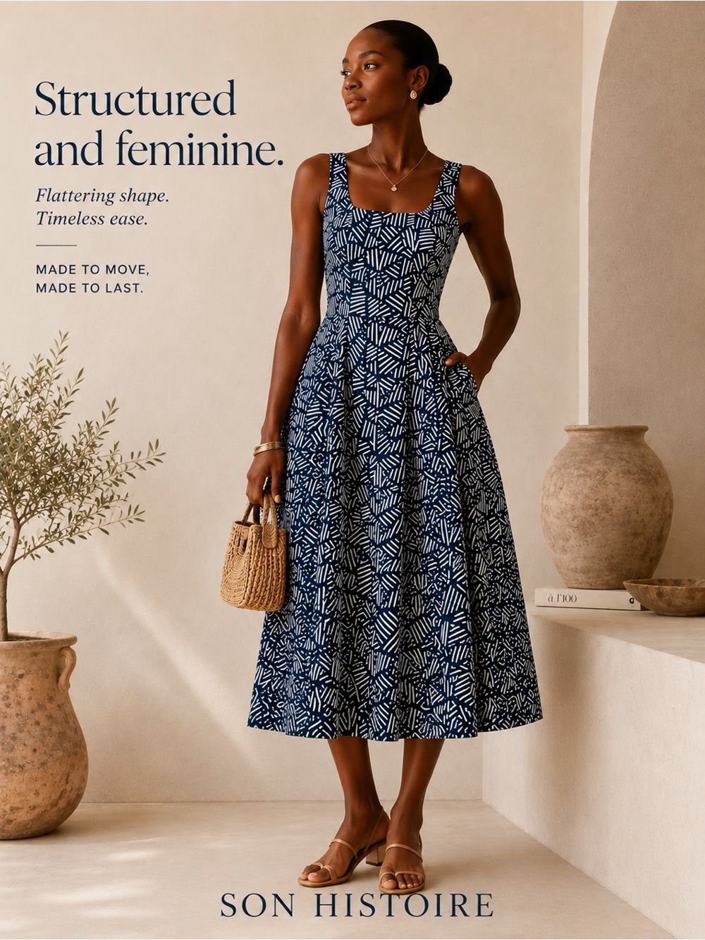 Joie Navy and White Printed Midi Dress
